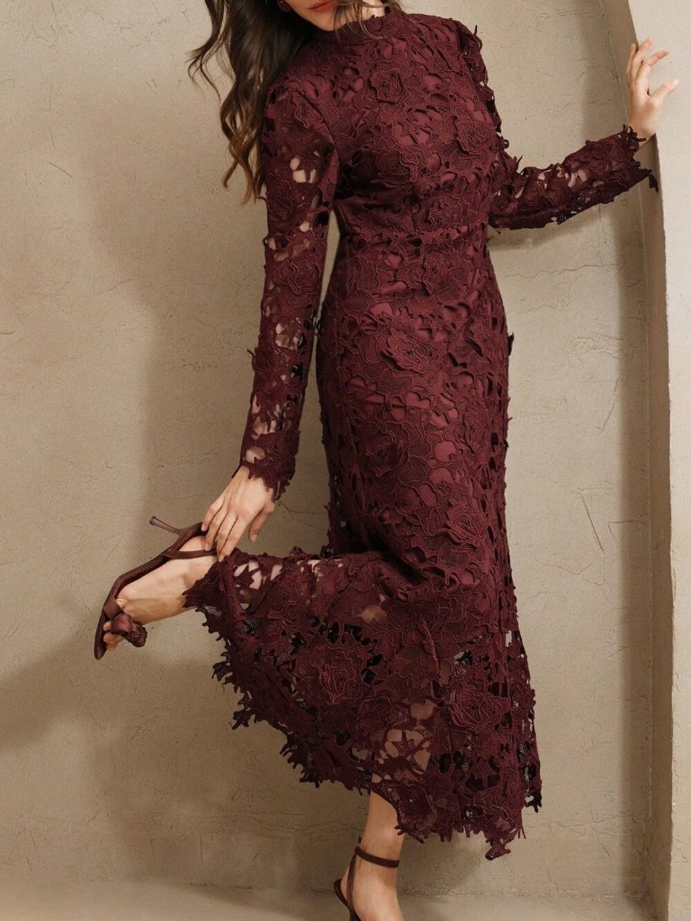 Burgundy Elegant Women's Long Sleeve Lace Hollow Out Dress